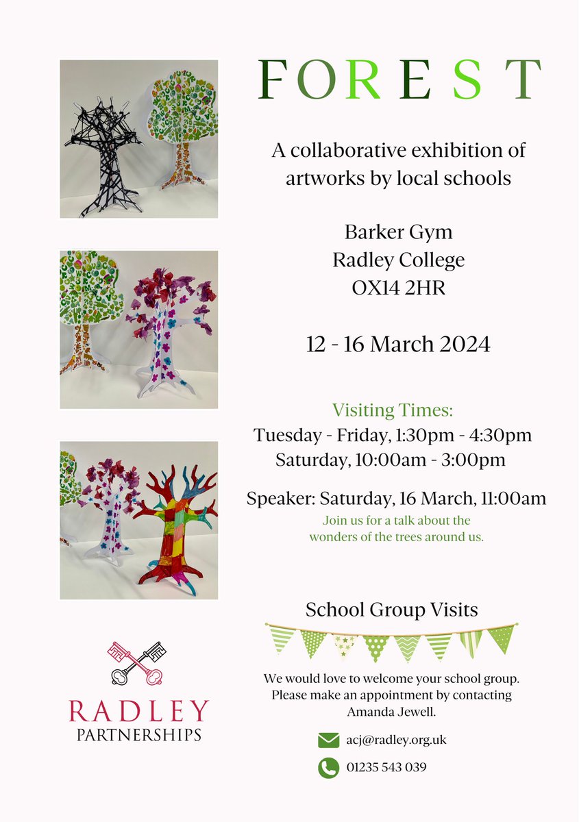 Over 20 schools and 2,500 children are currently working on 3D templates to create their own unique trees – these will form part of a ‘Forest’ that will be on display to the public from 12-16 March at the Barker Gym, Radley College. Join us for this exciting exhibition!…