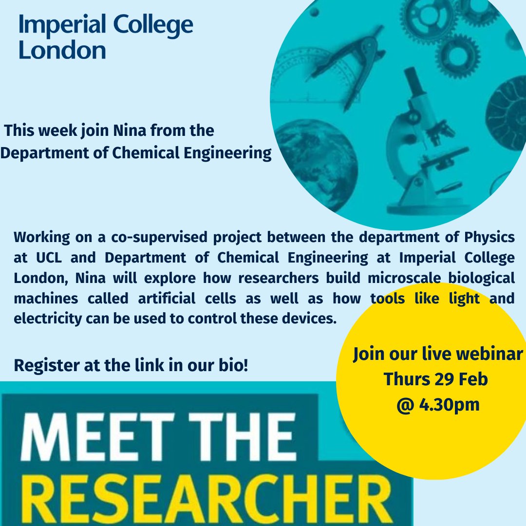 📢Join @ImperialChemEng's PhD student Nina for today's Meet the Researcher! Exploring how researchers build microscale biological machines called artificial cells. Nina will be presenting unpublished data so this will be a live event with no recording ⬇️ bit.ly/IC_MeettheRese…