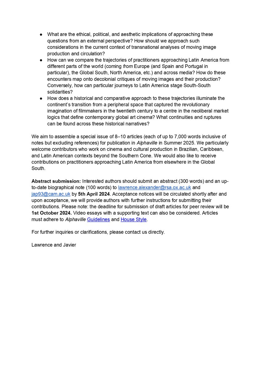 Javi Pérez-Osorio (@javiperezosorio) on Twitter photo .<a href="/LawrenceA92/">Lawrence Alexander</a> and I are delighted to share this CfP for <a href="/AlphavilleJ/">Alphaville Journal @alphavillej.bsky.social</a>'s Special Issue, 'Coming to Latin America: Moving Image Encounters, Non-Latin American Practitioners' to be published in Summer 2025.
Abstract deadline: 5 April, 2024
Article submission: 1 October, 2024 .<a href="/LawrenceA92/">Lawrence Alexander</a> and I are delighted to share this CfP for <a href="/AlphavilleJ/">Alphaville Journal @alphavillej.bsky.social</a>'s Special Issue, 'Coming to Latin America: Moving Image Encounters, Non-Latin American Practitioners' to be published in Summer 2025.
Abstract deadline: 5 April, 2024
Article submission: 1 October, 2024