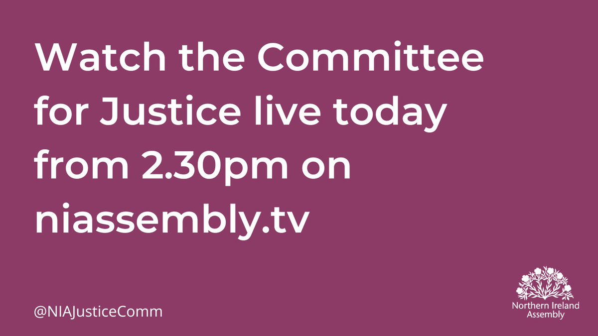 The Committee for Justice will hear from the Department of Justice's @Justice_NI Justice Delivery Directorate today from 2.30pm regarding: ▶️An overview of Department of Justice Budget ▶️An overview of the Justice Delivery Directorate