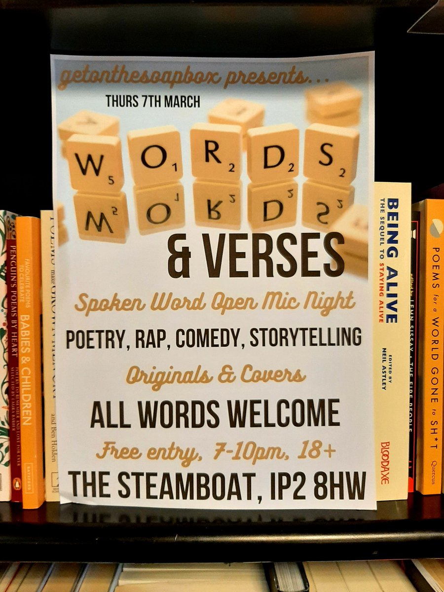Ipswich Waterstones (@wstonesipswich) on Twitter photo Next Thursday 7th <a href="/getonthesoapbox/">Amy SoapBox</a> hosts another Open Mic night down at the Steamboat, always a delight for fans of spoken word!
#poetry #ipswichevents Next Thursday 7th <a href="/getonthesoapbox/">Amy SoapBox</a> hosts another Open Mic night down at the Steamboat, always a delight for fans of spoken word!
#poetry #ipswichevents