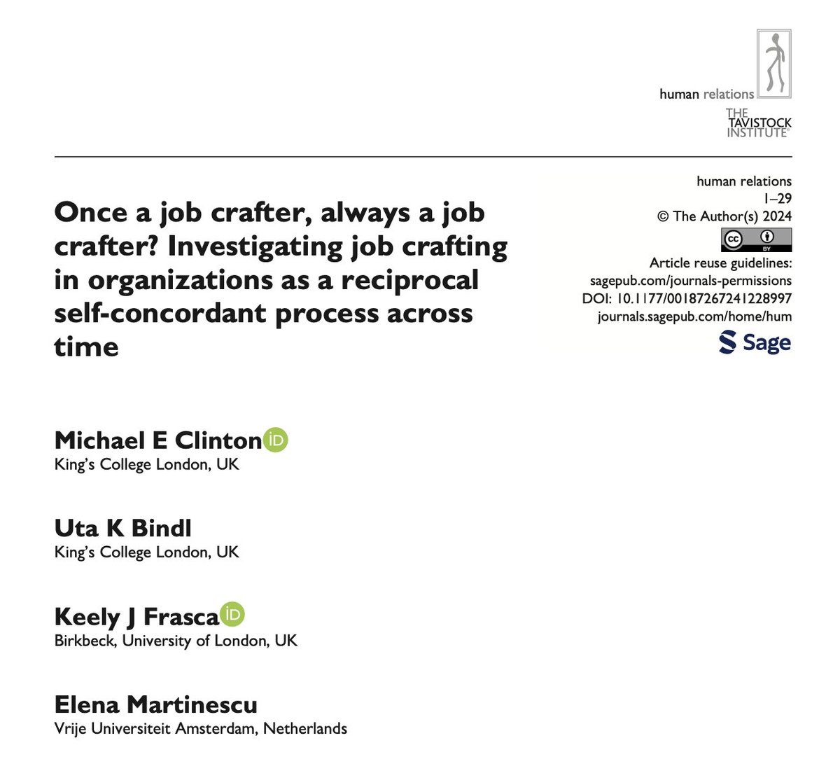 'Once a job crafter, always a job crafter? Investigating job crafting in organizations as a reciprocal self-concordant process across time' This new study explores the #dynamic and #processual nature of #job #crafting, just published @HR_TIHR! doi.org/10.1177/001872… @T_I_H_R