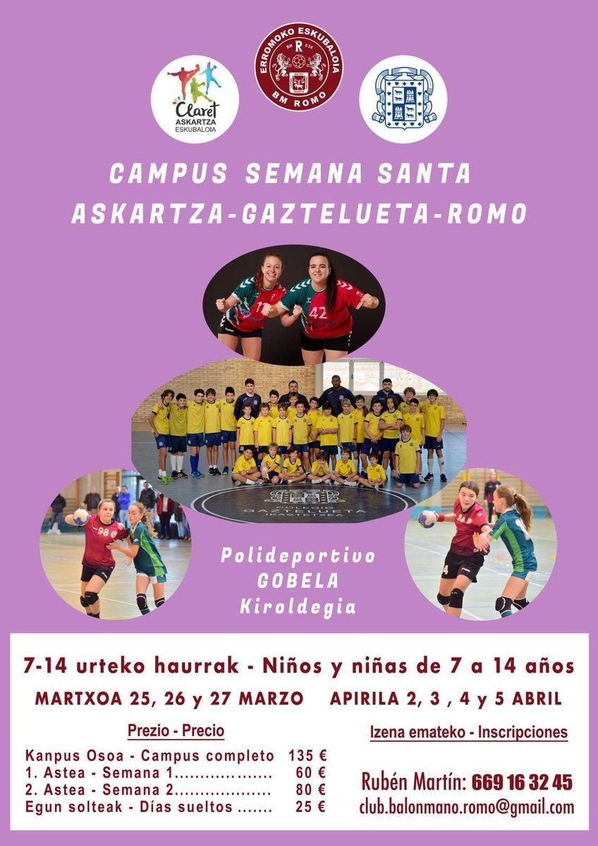 Campus de semana Santa <a href="/CBRomo/">Erromoko Eskubaloia</a> <a href="/gaztelueta/">GAZTELUETA</a> <a href="/balongazte_romo/">Gaztelueta Romo Balonmano Base</a> 
No te quedes sin plaza!!!🤾‍♂️🤾‍♀️

#getxokirolak #euskaleskubaloia #harrobia #juegasabalonmano #LeioaKirolak #SomosUnEquipoDePatioDeColegio