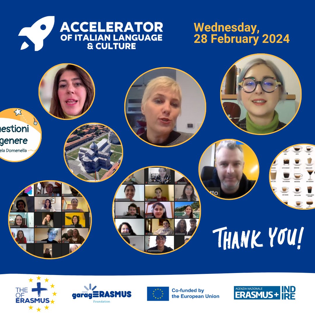 garagErasmus's tweet image. 🚀 Many thanks to everyone who attended the first session of the Accelerator of Italian Language and Culture! We hope you enjoyed it and we will see you in the next sessions! We have a lot prepared for you!

#ITAccelerator #ErasmusPlus #ItalianCourse #ThePlusofErasmus