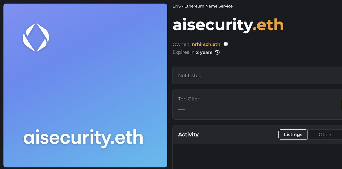 Doing research I found this 💎 AI ENS name, and it's a pre punk 🧠 
AISecurity.eth Registered in 2017

The same wallet also owns ENSname.eth  👀

#ENS 🤝 #AI