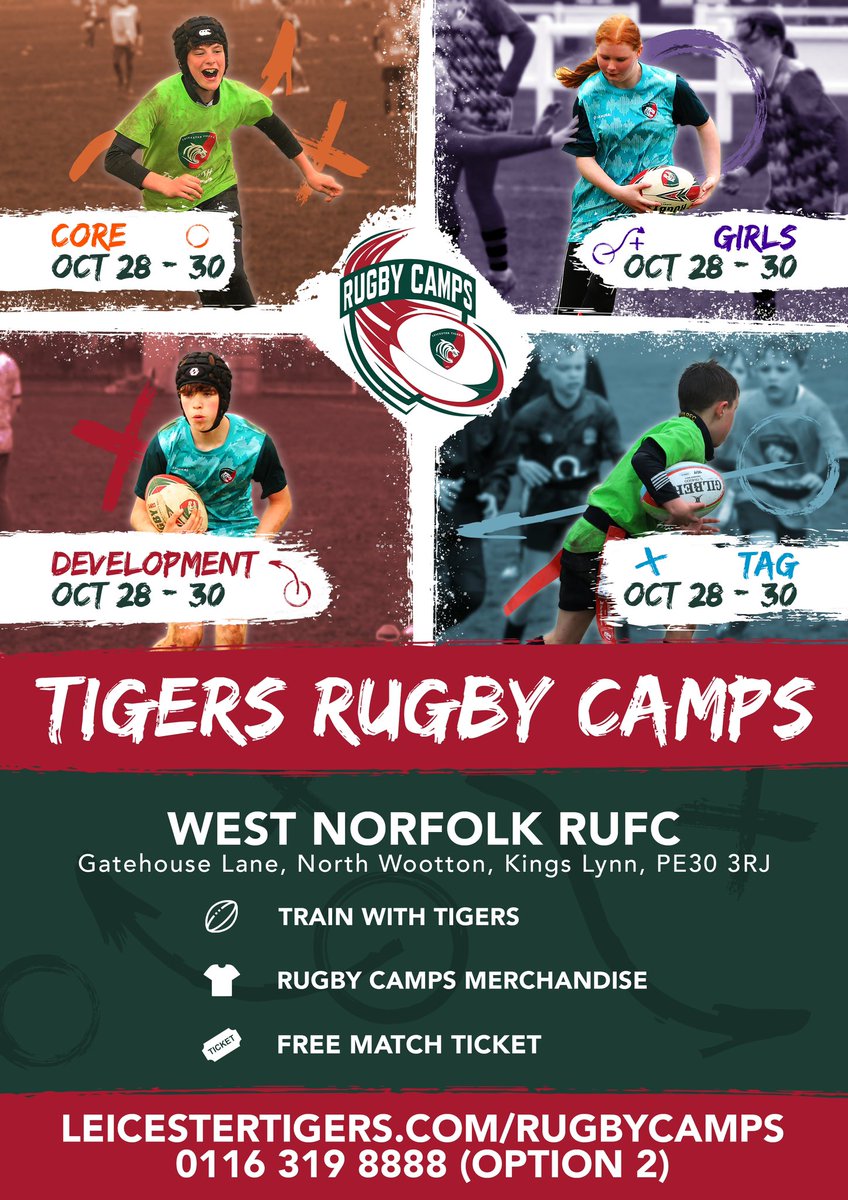 🐯 Tigers Rugby Camp is landing at West Norfolk RFC this October. You don’t need to be a member to WNRfC to join in the fun. 
🏉 To book go to: 
leicestertigers.com/rugbycamps