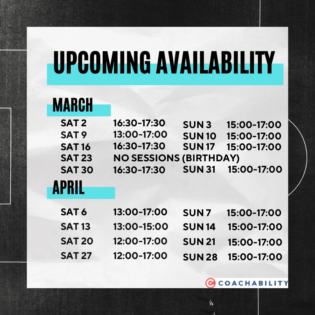 ⚽️My availability for the next couple of months for coaching sessions ⚽️
Sunday afternoon availability now open!
Outfield, Goalkeeper & Group Sessions! 

For more info linktr.ee/coach.charlie.l go to my Coachability page! 

#121coaching #footballcoach #goalkeepercoach #coachability