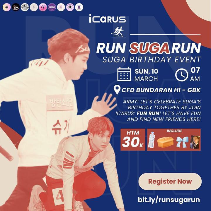 ✨ Icarus Production presents : Run SUGA Run ✨ Fun walk with ARMY to celebrate SUGA's Birthday! Let's join and have a fun exercise session and make new friends 💜 🗓️ Minggu, 10 Maret 2024 ⏰ 6.46 - 10.00 WIB 📍 Meeting point : Stasiun Sudirman 📌 Registrasi :…