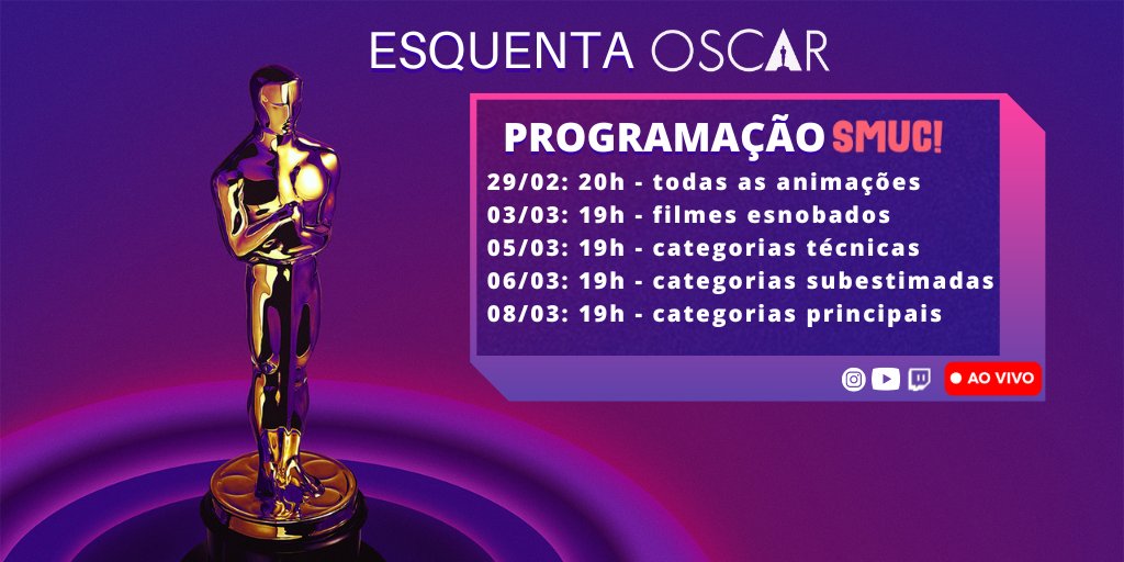 🚨ATENÇÃO🚨

Começa hoje o nosso Esquenta Oscar 2024🤩

Faremos 5 lives comandadas pelo nosso editor-chefe Elvio Franklin (<a href="/ElvioFranklin/">Sam Raimi's Elvio Dead</a>) que acontecerão simultaneamente no Youtube e na Twitch!

A primeira acontece HOJE MESMO e o tema será as animações indicadas!

#LiveOscar