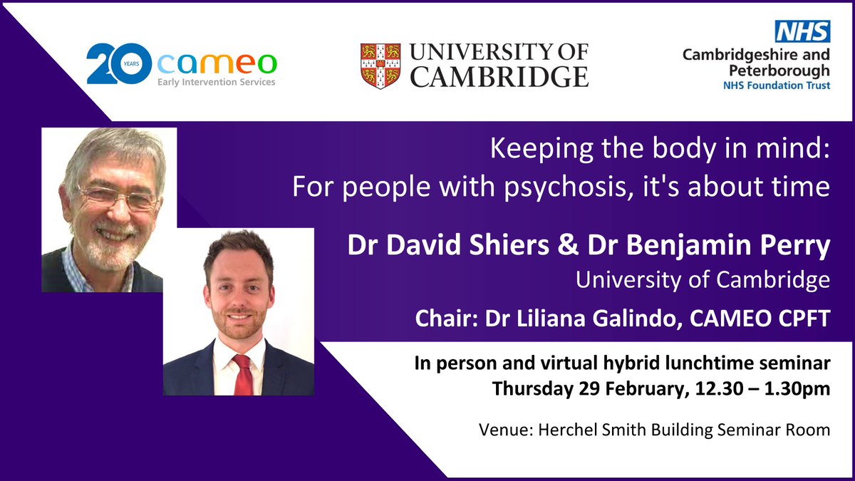 Join us at 12.30pm to meet @Davidiris1 & @benjmnperry to learn about #MentalHealth early intervention + best practice from local services #CPFTCAMEO delivering #psychosis care. Everyone welcome to attend to explore how we can improve the physical health of people with psychosis.