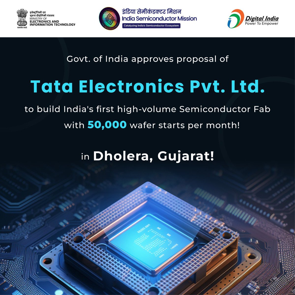 Giant leap in India’s Semiconductor Journey! Reinforcing Hon’ble PM @narendramodi's vision, GoI approves 3 projects for semiconductor fab & OSAT facilities under ₹76k Cr. #SemiconIndiaProgramme, generating 20,000+ direct jobs. @AshwiniVaishnaw @Rajeev_GoI @GoI_MeitY