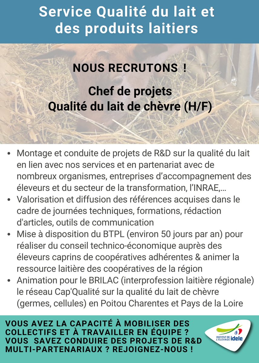 Institut de l'élevage - Idele (@institutelevage) on Twitter photo Offre d'#emploi | Chef de projets
#Qualité du lait de chèvre (H/F) 🐐
👉 Ingénieur
👉 2 à 3 ans d'expérience en élevage laitier ou en conduite & montage de projets de R/D
👉 Connaissances & intérêt pour l'élevage caprin 🐐
🔵 CDI
ℹ️ cutt.ly/WwMeYIlB
<a href="/Qual_Lait_Idele/">Qualité du lait et des produits laitiers_Idele</a> Offre d'#emploi | Chef de projets
#Qualité du lait de chèvre (H/F) 🐐
👉 Ingénieur
👉 2 à 3 ans d'expérience en élevage laitier ou en conduite & montage de projets de R/D
👉 Connaissances & intérêt pour l'élevage caprin 🐐
🔵 CDI
ℹ️ cutt.ly/WwMeYIlB
<a href="/Qual_Lait_Idele/">Qualité du lait et des produits laitiers_Idele</a>