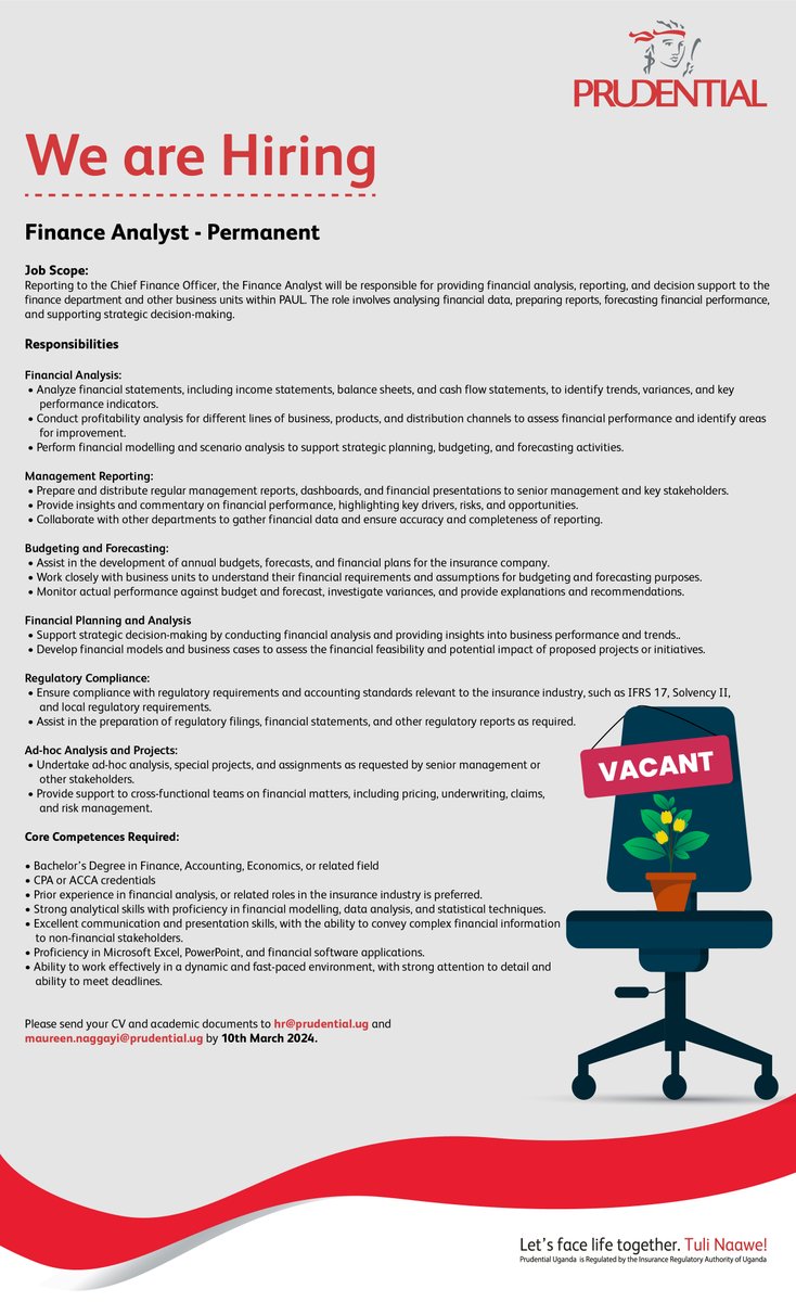 PrudentialUG's tweet image. Now Hiring:

Finance Analyst (Permanent)

Think you&apos;re the perfect fit?

Apply now and take the first step towards a rewarding career with us.

View job scope &amp;amp; application details attached: Apply by 10th March 2024

#JobOpening
#FinanceAnalyst