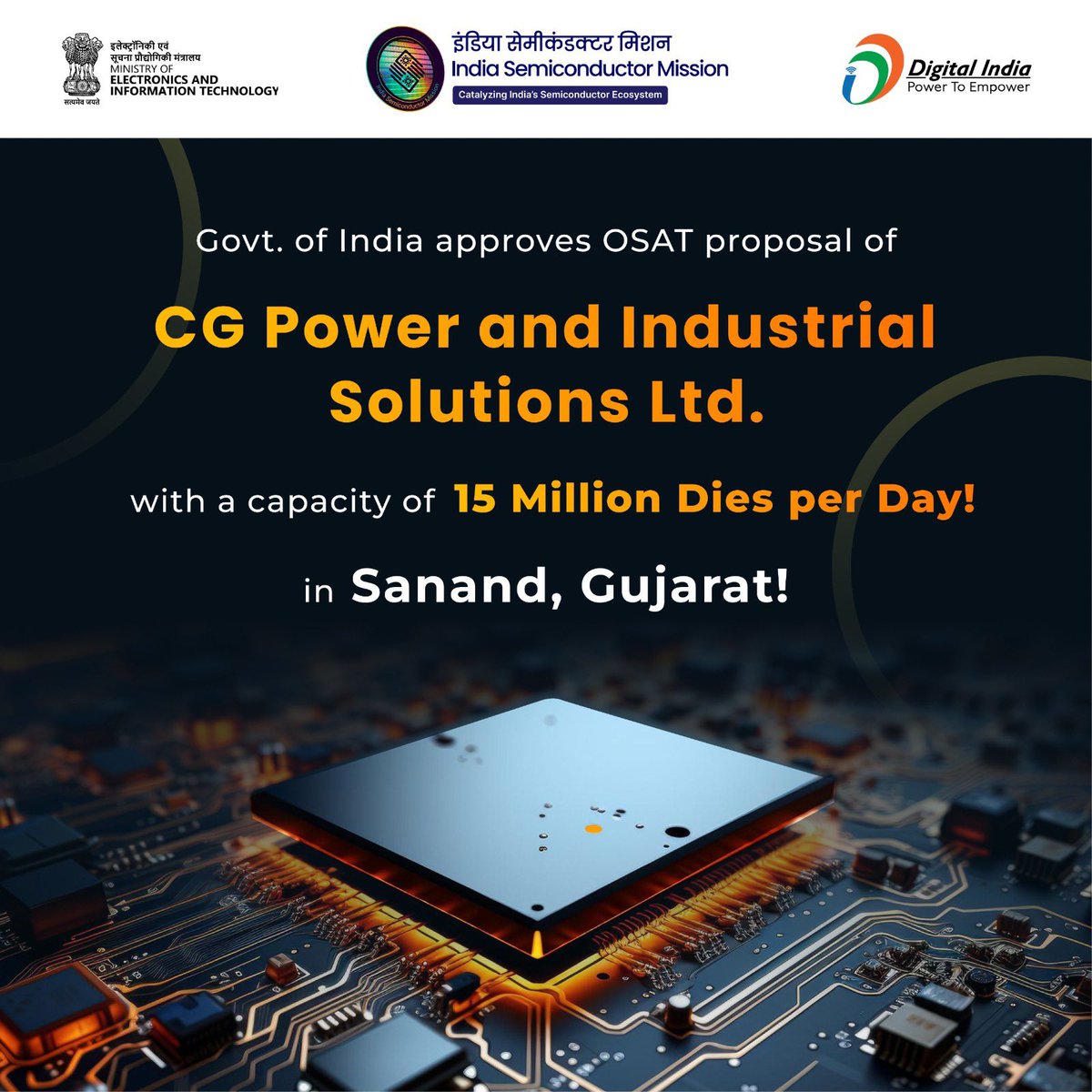 #CGPower & Industrial Solutions Ltd. to set up a Semiconductor #OSAT facility in Sanand, #Gujarat, with a total investment of ₹7.6k crore!