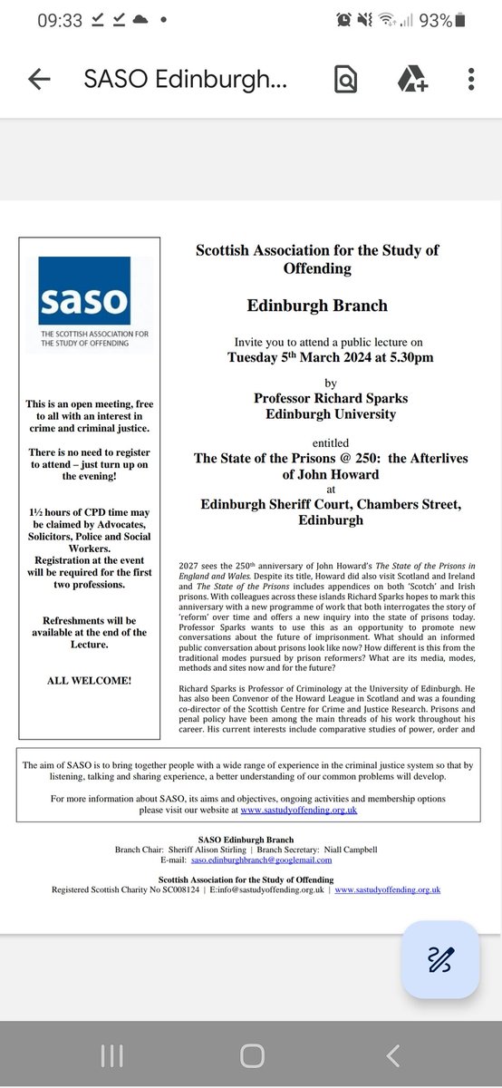 SASO #Edinburgh branch lecture: 'The State of the Prisons @ 250 - the After Lives of John Howard' Speaker: Prof Richard Sparks @UoELawSchool @TheSCCJR 5.30pm, Tuesday 5th March, at Edinburgh Sheriff Court. Free. #Criminology #Law #Prison #SocialWork #PenalPolicy @SASOEdinburgh