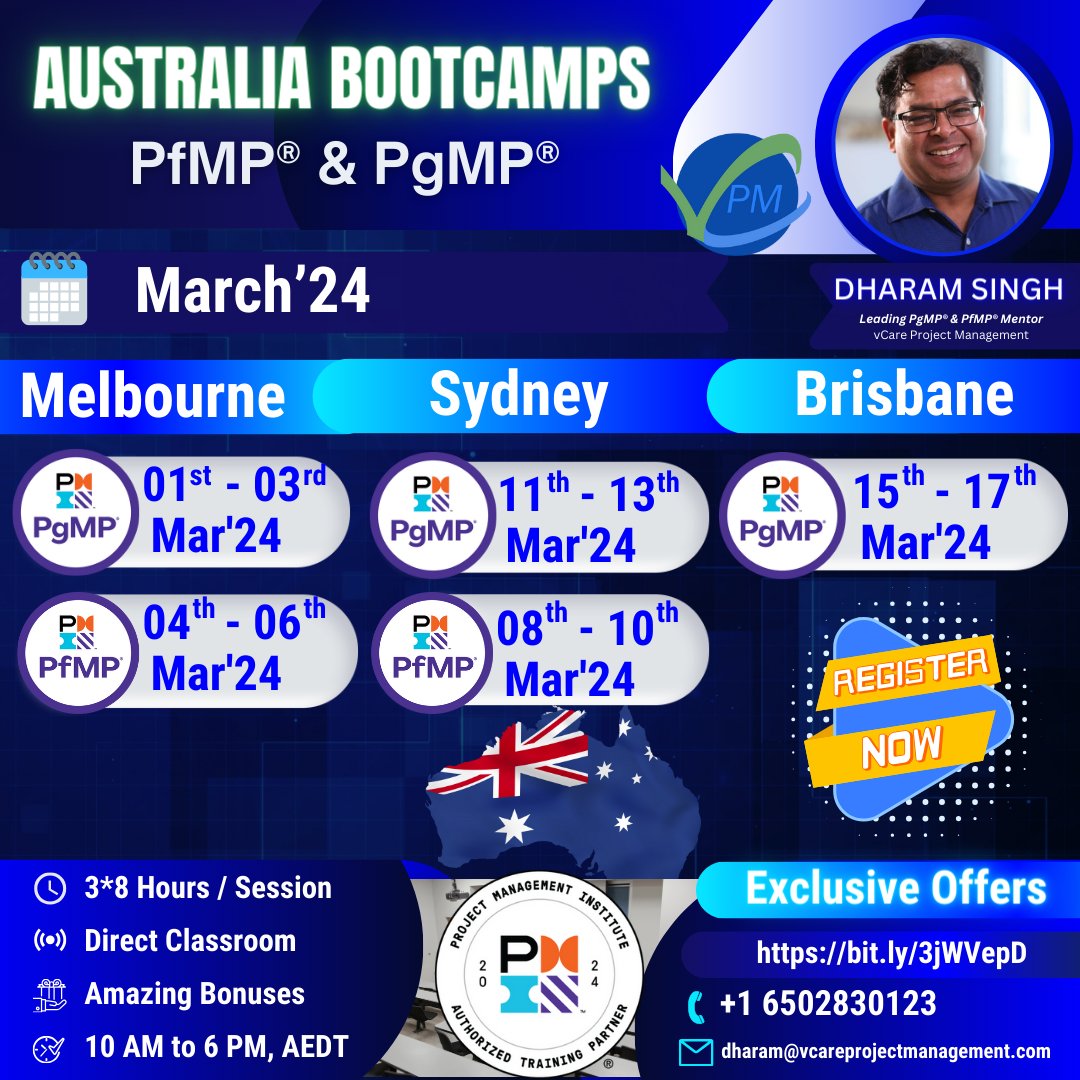 vCare_official's tweet image. Exciting news! Exclusive boot camp for PgMP and PfMP certification will be hosted by our CEO and leading PgMP &amp;amp; PfMP mentor, Dharam Singh, PgMP, PfMP, PMP, RMP, SP,ACP,PBA,DASM,DASSM in Melbourne. 

#pgmp #pfmp #pgmpbootcamp #PgmpAustralia #Dharamsingh #vCareProjectmanagement