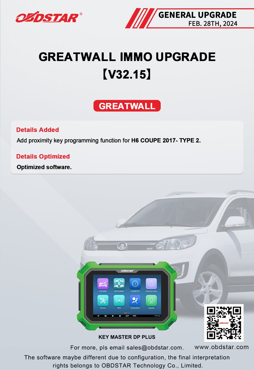ObdstarTec's tweet photo. #OBDSTAR #AUTOMOTIVE#GeneralUpgrade
CHERY IMMO UPGRADE【V30.80】
CHERY IMMO UPGRADE【V40.86】
GREATWALL IMMO UPGRADE【V42.18】
GREATWALL IMMO UPGRADE【V32.15】

#IMMO #auto #locksmith #maintenance #repair #KeyMasterDPPlus #KeyMaster5 #CHERY #GREATWALL https://t.co/hCOEwzXUrN