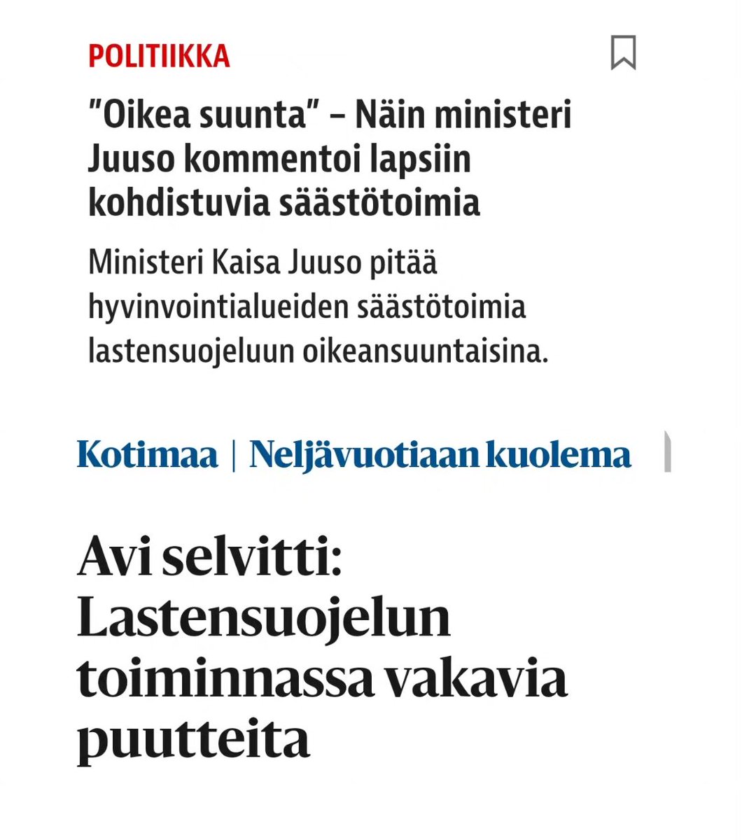 Kaksi otsikkoa. Tänään.

Olin itse lapsena lastensuojelun asiakas. Jo silloin toiminta kärsi työntekijöiden ylirasituksesta ja resurssipulasta. 
Moni elämä jäi kesken, murtui, mutkistui. Minä olin onnekas.

Lastensuojelu voi olla lapsen viimeinen silta elämään. Ei viedä sitäkin.