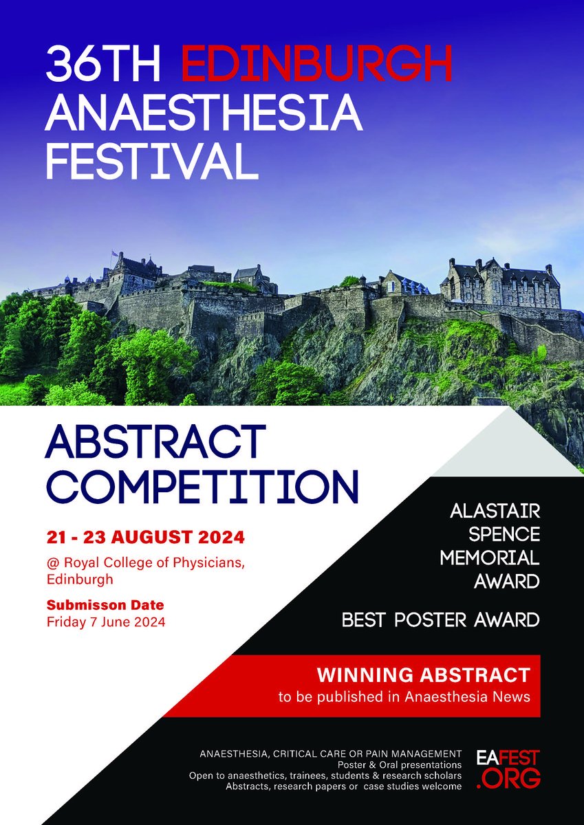 Call for Abstracts! The winner of this year's Abstract competition will be published in Anaesthesia News, released this September. Open to everyone, not just trainees. Abstracts previously submitted elsewhere are welcome. Please see eafest.org for details.…