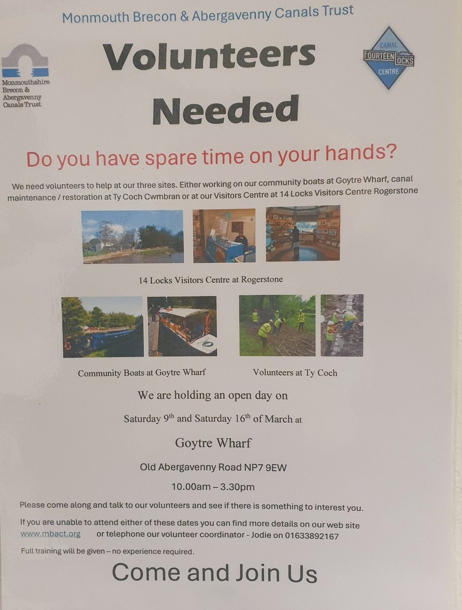 Are you interested in volunteering with us at MBACT? We are holding an open day at Goytre Wharf, Saturday 9th & 16th March from 10am. Come along say hello and see what we are all about. #fourteenlocks #mbact #volunteerwithus