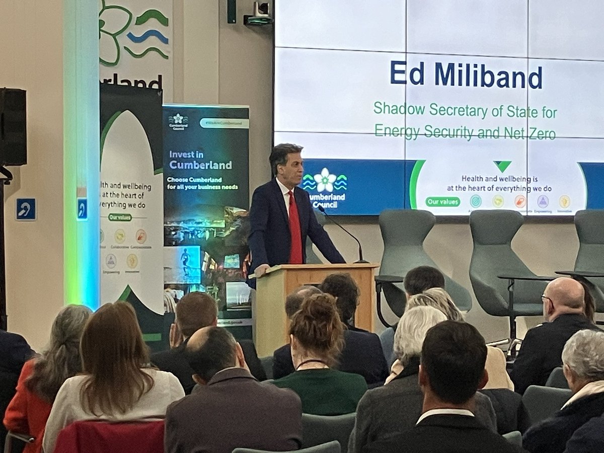 Labour’s shadow energy secretary Ed Miliband in Cumbria today at Cumberland’s economic summit. He says he wants to make the county a “clean energy superpower” by investing in renewables and nuclear