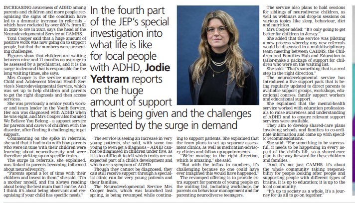 Good to see <a href="/JEPnews/">jepnews</a> <a href="/jodie_yettram/">Jodie Yettram</a> focusing on ADHD &amp; neurodiversity this week. Important we give voice to lived experience and as a collective island do better. Really good interview with Toni Cooper, ND manager in CAMHS, on service efforts to improve support #ADHD