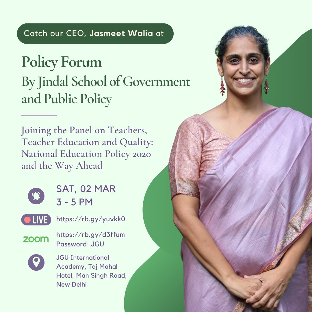 Our CEO, Jasmeet Walia, joins the esteemed panel of the Policy Forum by JSGP to discuss teacher leadership and education quality, in line with the National Education Policy 2020's vision for the future. 🗓️ March 2, 3-5 PM | Join us at the venue/online🔗: linktr.ee/ce23