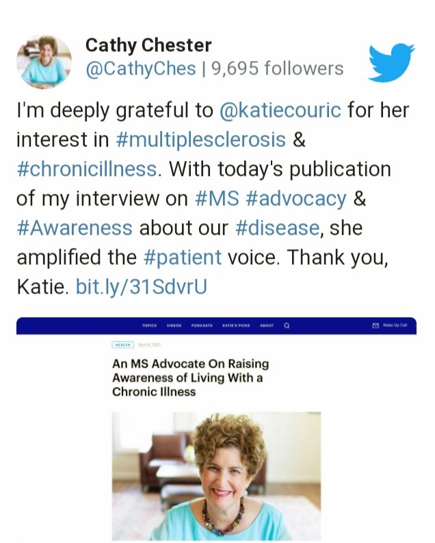 It's important to create awareness and educate others about #multiplesclerosis every day of the year. Shout-out to @katiecouric for her interest in interviewing me about living with #MS . I'll always be deeply grateful for her compassion and interest #msawareness #msadvocate