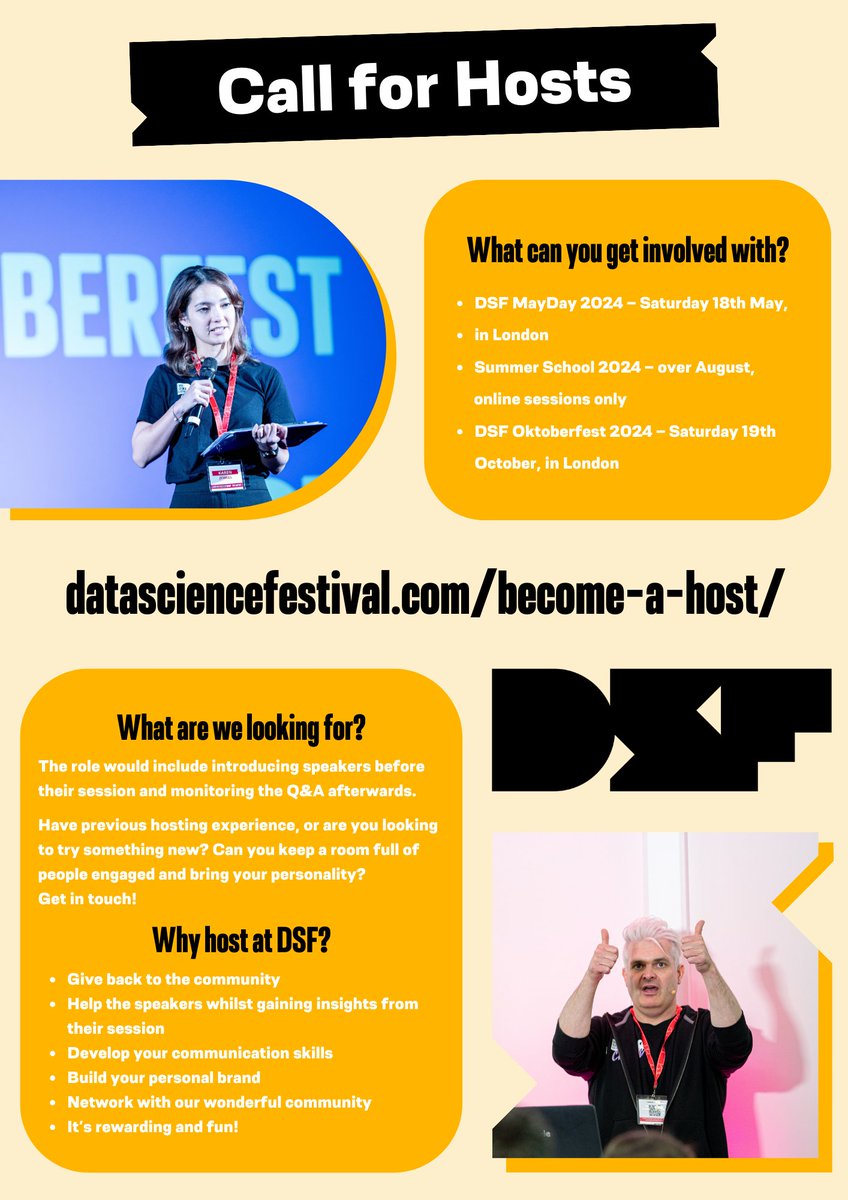 🚨Call for event hosts 🚨 Applications for hosting opportunities at DSF are now open! We have a mixture of online and in-person events, so apply today if you are interested ⬇️ datasciencefestival.com/become-a-host/