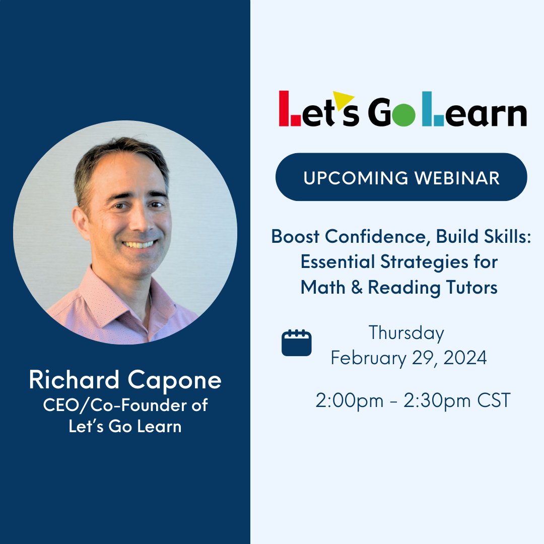 letsgolearn's tweet image. Join us TODAY for our Essential Strategies for Math &amp;amp; Reading Tutors Webinar! Happening from 2-2:30pm CST. Elevate your tutoring skills in just a short session! Don&apos;t miss out - register now at the link below. See you there! ✨
bit.ly/3wG1AzW
#MathWebinar