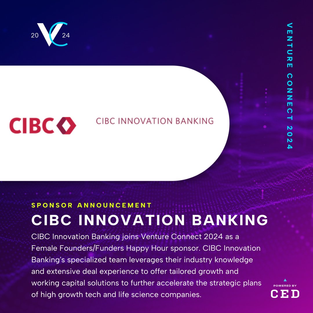 CIBC Innovation Banking joins Venture Connect as a Female Founders/Funders Happy Hour sponsor!

Join us! cednc.org/venture-connec…

#VC2024 #VentureConnect #tech #biotech
