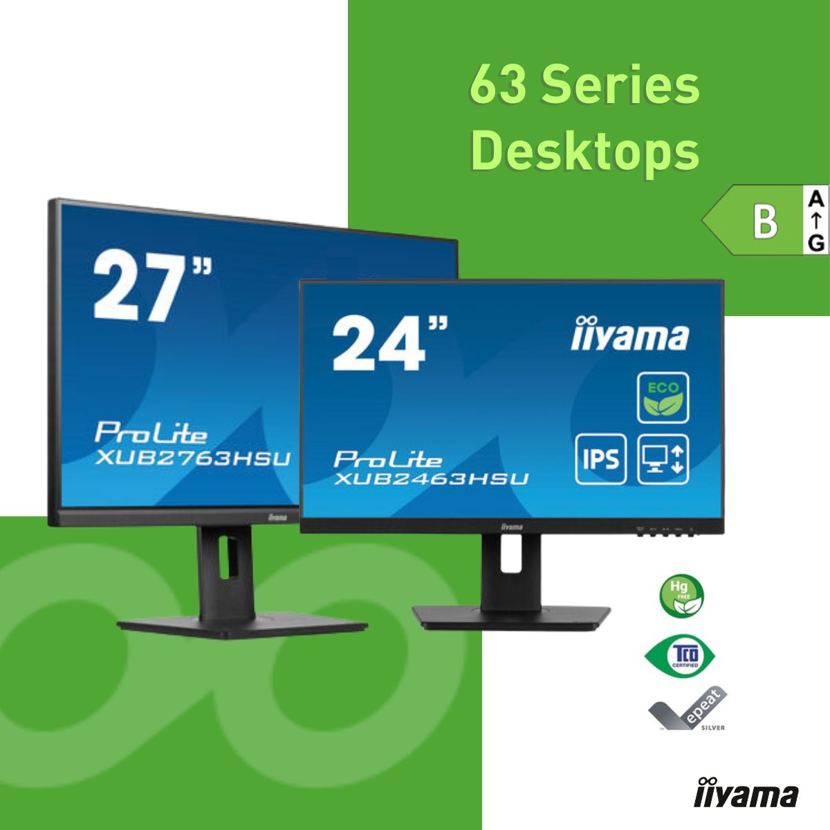 Elevate your workspace #withiiyama 63 Series Desktops. From zero plastic packaging to 85% recycled materials, this monitor champions #sustainability. TCO Certified, EPEAT® Silver, and Eye Safe, it's not just a monitor, it's your green choice!