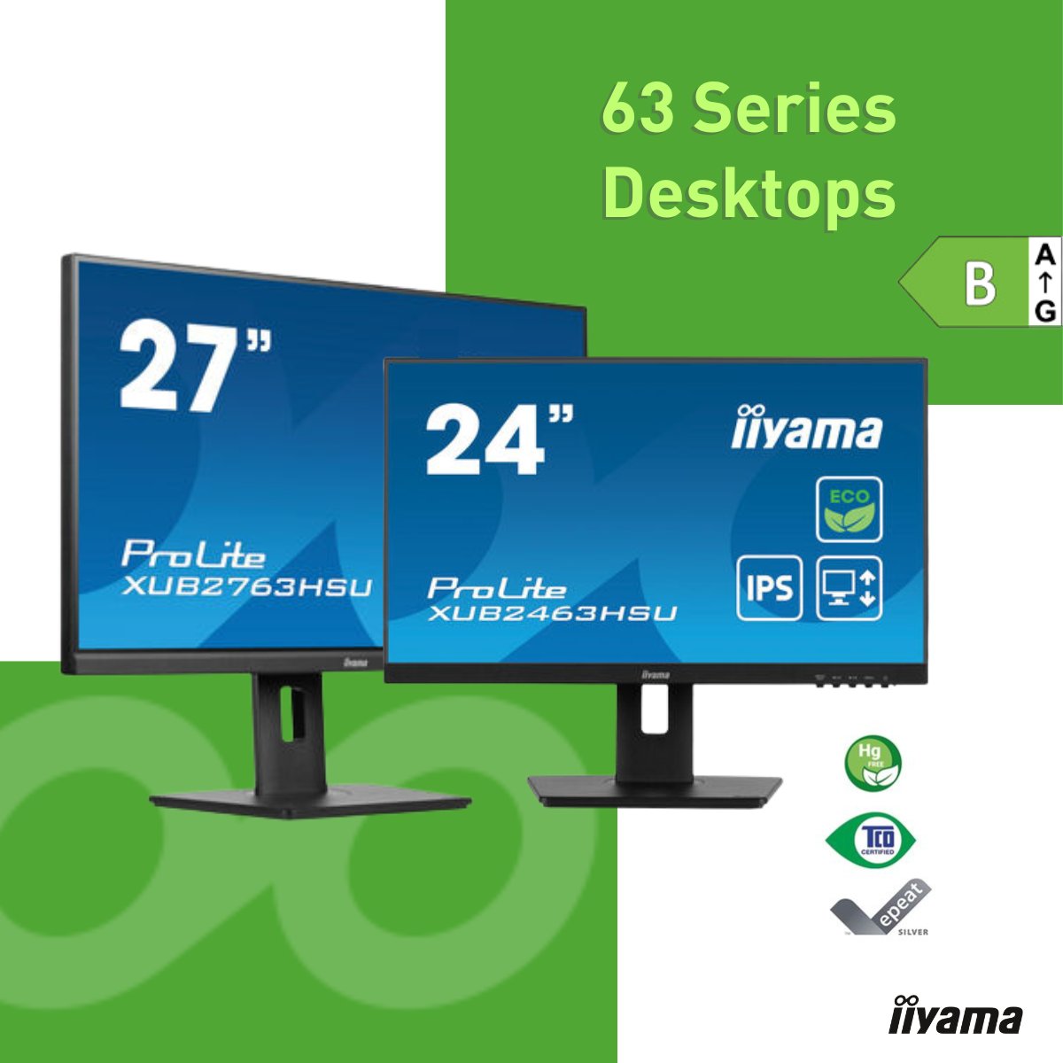 Elevate your workspace #withiiyama 63 Series Desktops. From zero plastic packaging to 85% recycled materials, this monitor champions #sustainability.
TCO Certified, EPEAT® Silver, and Eye Safe, it's not just a monitor, it's your green choice!