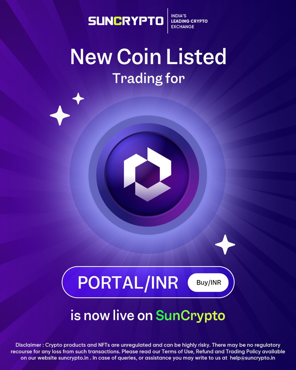 🚨Portal (PORTAL) listing on Suncrypto | 29th February 2024 Dear Community,  We are excited🤩to share with you that we have listed Portal (PORTAL) on  Suncrypto and opened trading for the pair PORTAL/INR