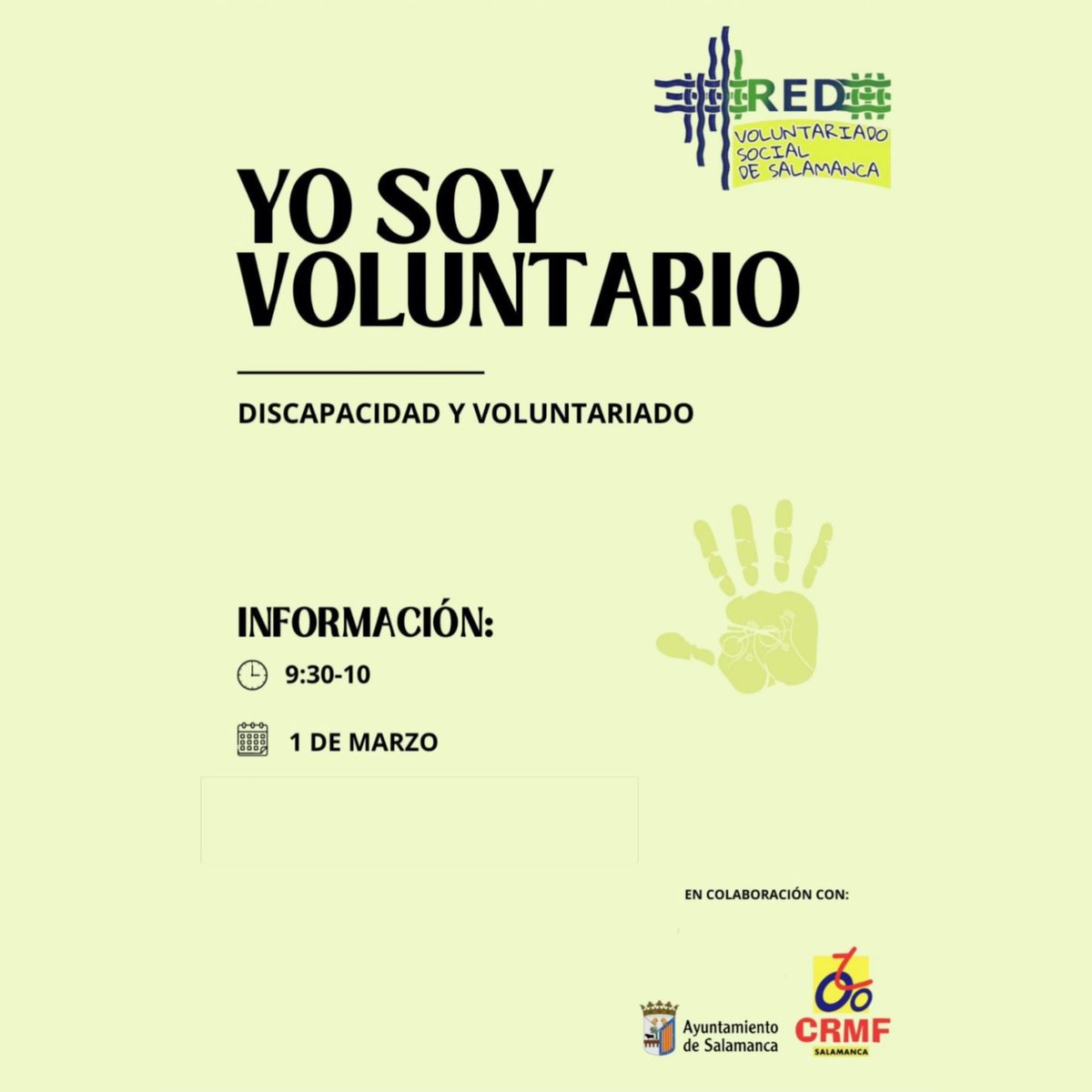 RedVoluntaSa's tweet photo. 🌟 ¡Participa en la Jornada "Yo Soy Voluntario: Discapacidad y Voluntariado" en Salamanca! 🌟
Este viernes, 1 de marzo si eres voluntario en una entidad y quieres participar,  contacta con tu entidad y solicita tu inscripción.

#YoSoyVoluntario #DiscapacidadYVoluntariado https://t.co/ZMUdyBd1l9