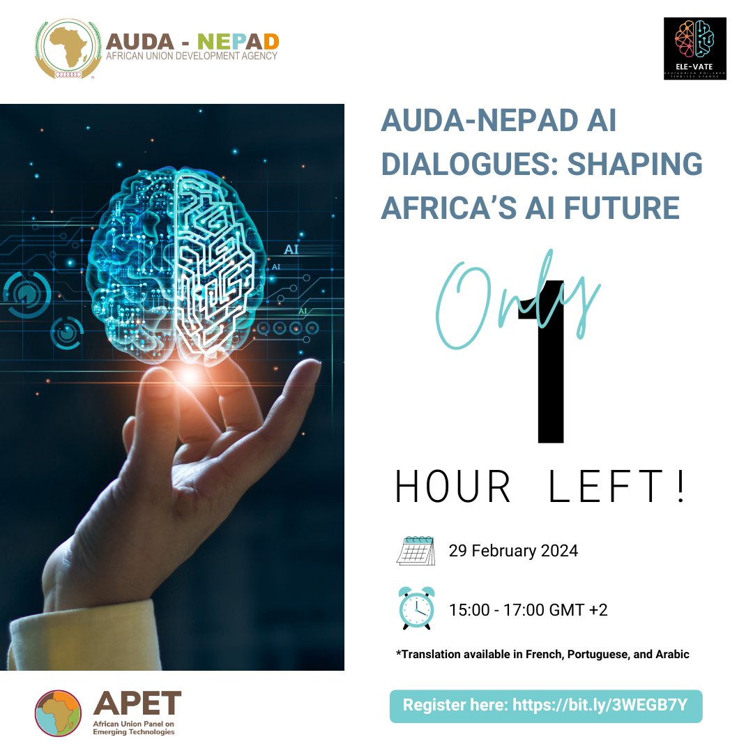 The AUDA-NEPAD AI Dialogues are just an hour away! Join us to witness how #AI and #Robotics are key to empowering African communities and see how your contributions can shape a thriving future. It is not too late to register now 👉🏽bit.ly/3uuJO20 #AIForAfrica #Agenda2063