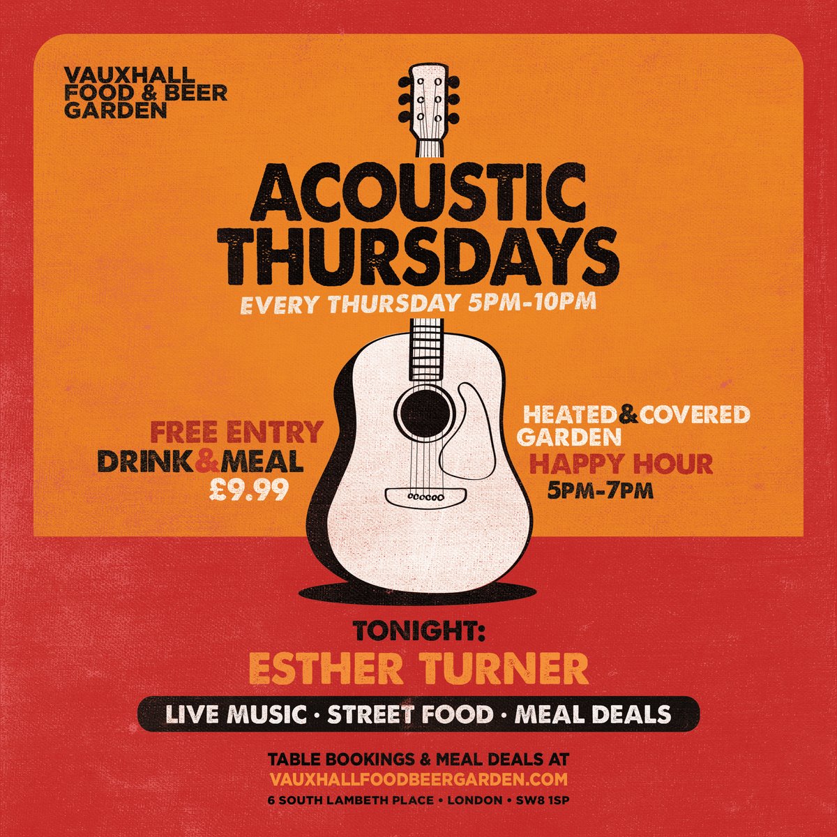 Thirsty Thursday: Because Friday's just around the corner! 🤪 
And today it's Acoustic Thrusday with @estherturnermusic 😍 

🎟️ Book your table or pre-order a meal deal at: VAUXHALLFOODBEERGARDEN.COM