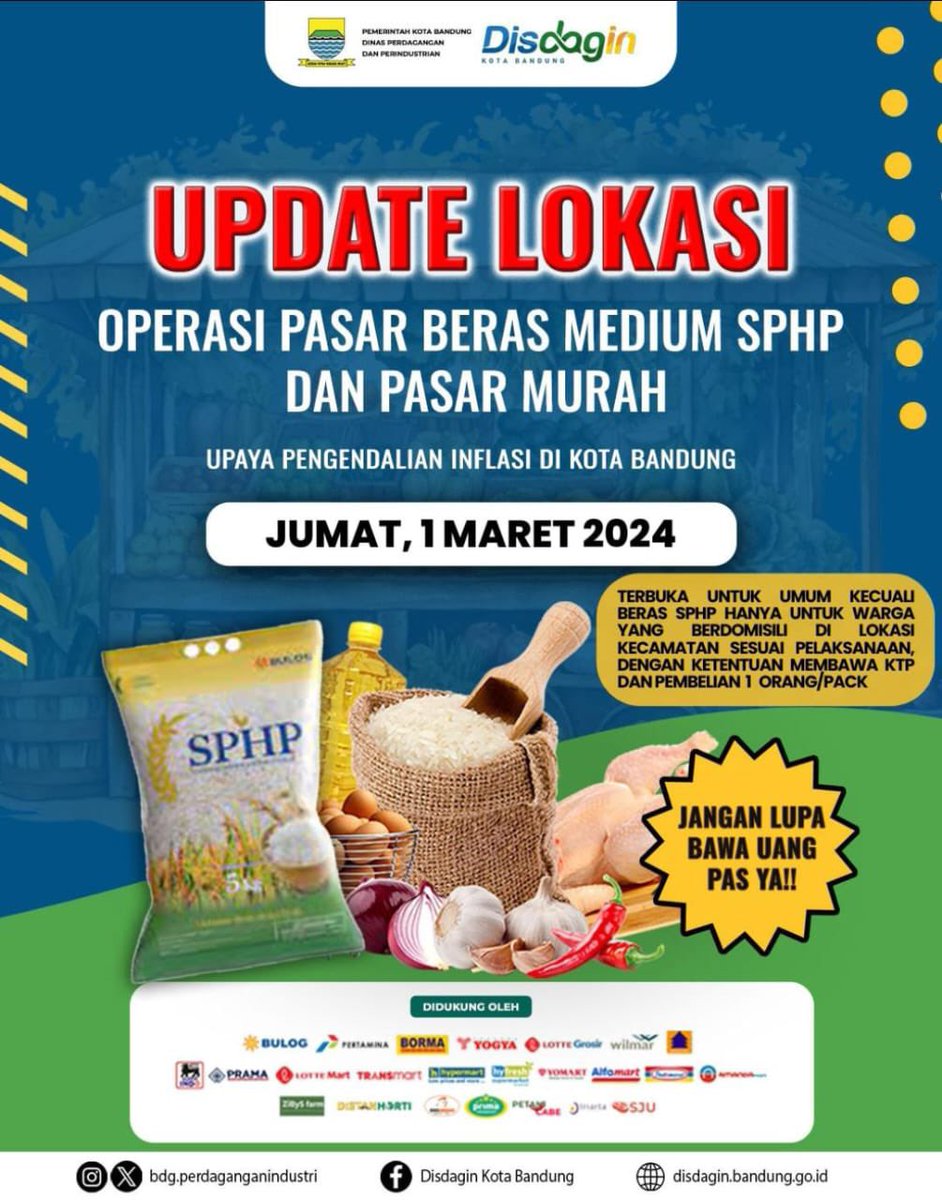 Sampurasun Wargi Cidadap✨
⚠️INFO PENTING⚠️
Lokasi Operasi Pasar Beras Medium SPHP dan Pasar Murah 2024 di Kecamatan Cidadap✨
Catat tanggal nya ya Jumat, 01 Maret 2024! 👉🏻 <a href="/halo_bandung/">Prokopim Kota Bandung</a> <a href="/HendrawanHilda/">Hilda Hendrawan</a>
