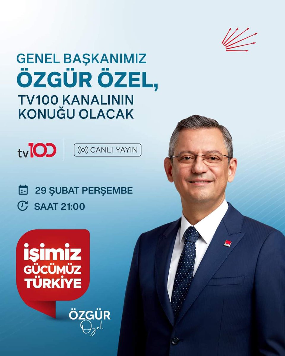 Genel Başkanımız @eczozgurozel, bugün saat 21.00'de TV100 ekranlarında gazetecilerin sorularını yanıtlayacak.