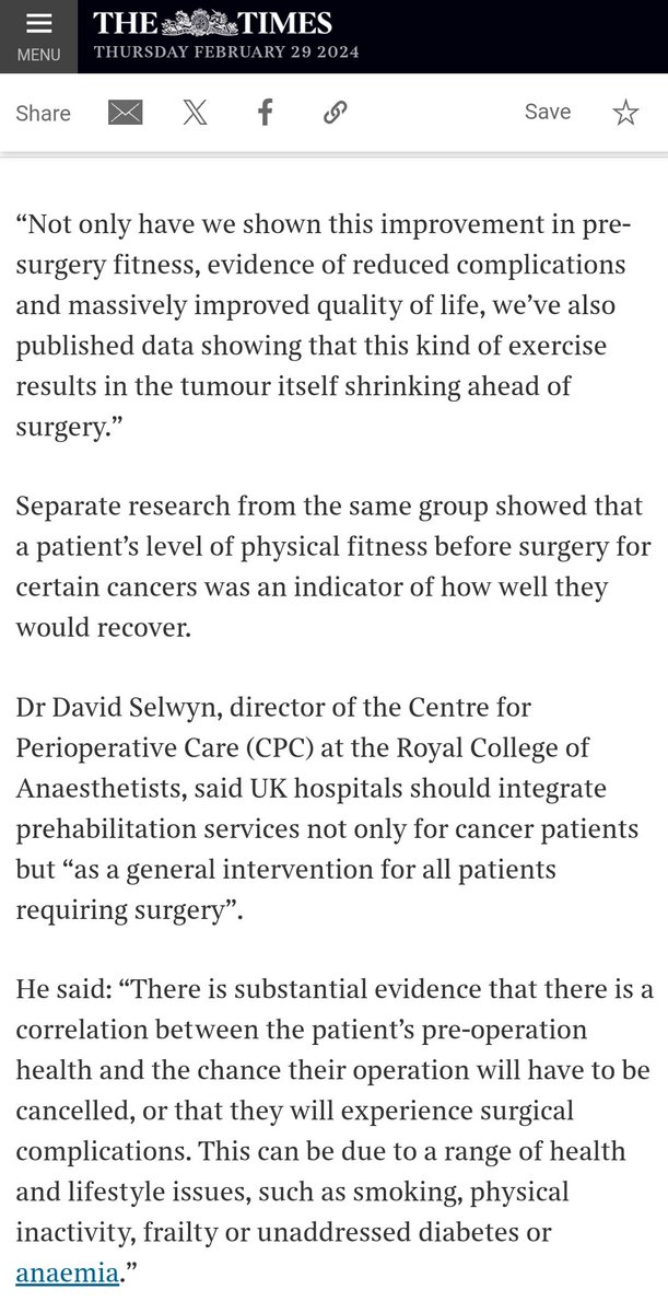 Fantastic article about great results with prehabilitation (preparing for #surgery or #cancer treatment). More info from: @CPOC_News. Well done @mike_grocott @totallytigers @TaraRampal @RCoANews @katlay in @thetimes.