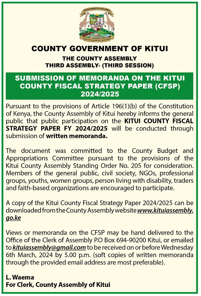 The County Fiscal Strategy Paper (CFSP) underpins the county fiscal and budget framework by laying out strategic priorities and fiscal policy – that is what the county plans to do regarding revenue, expenditure, and debt management over the medium term.
@AssemblyKitui