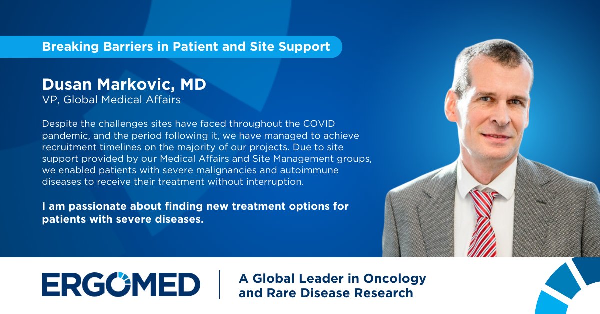 💡 Introducing Dusan Markovic, MD, Vice President Global Medical Affairs at Ergomed.

Connect with Dusan to learn more on how Ergomed can add value to your planned or ongoing program: obi41.nl/2p978nh6

#PatientCentricity #ClinicalResearch #ClinicalTrials #BreakingBarriers