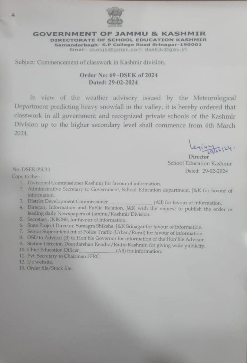 Classwork in schools in Kashmir to commence from 4th March: DSEK
@dsekofficial