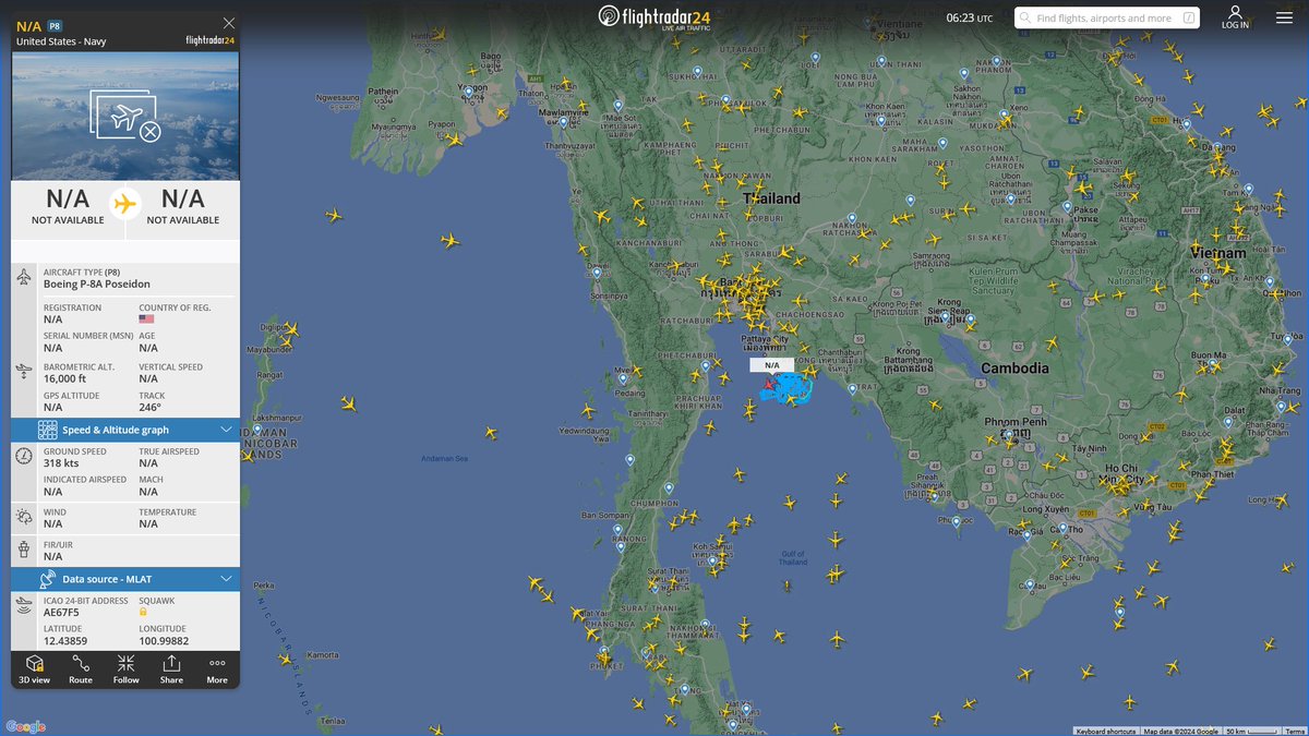 AIYeyENGDdJkjTr's tweet photo. Feb. 29, 2024
#Rayong, Thailand #Gulf of Thailand

#NoCALLSIGN #AE67F5 USN P-8A Poseidon https://t.co/RTd76bBrSH