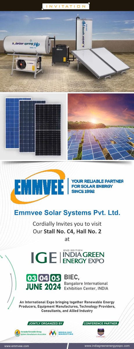 🌞 Join us at the India Green Energy Expo on 3-5 June 2024 at BIEC, Bangalore! Discover Emmvee's intelligent solar solutions, blending tech and innovation for sustainable living. Don't miss out! #IGE2024 #GreenEnergy #Sustainability  #MohamedMediaBuzz🌿✨