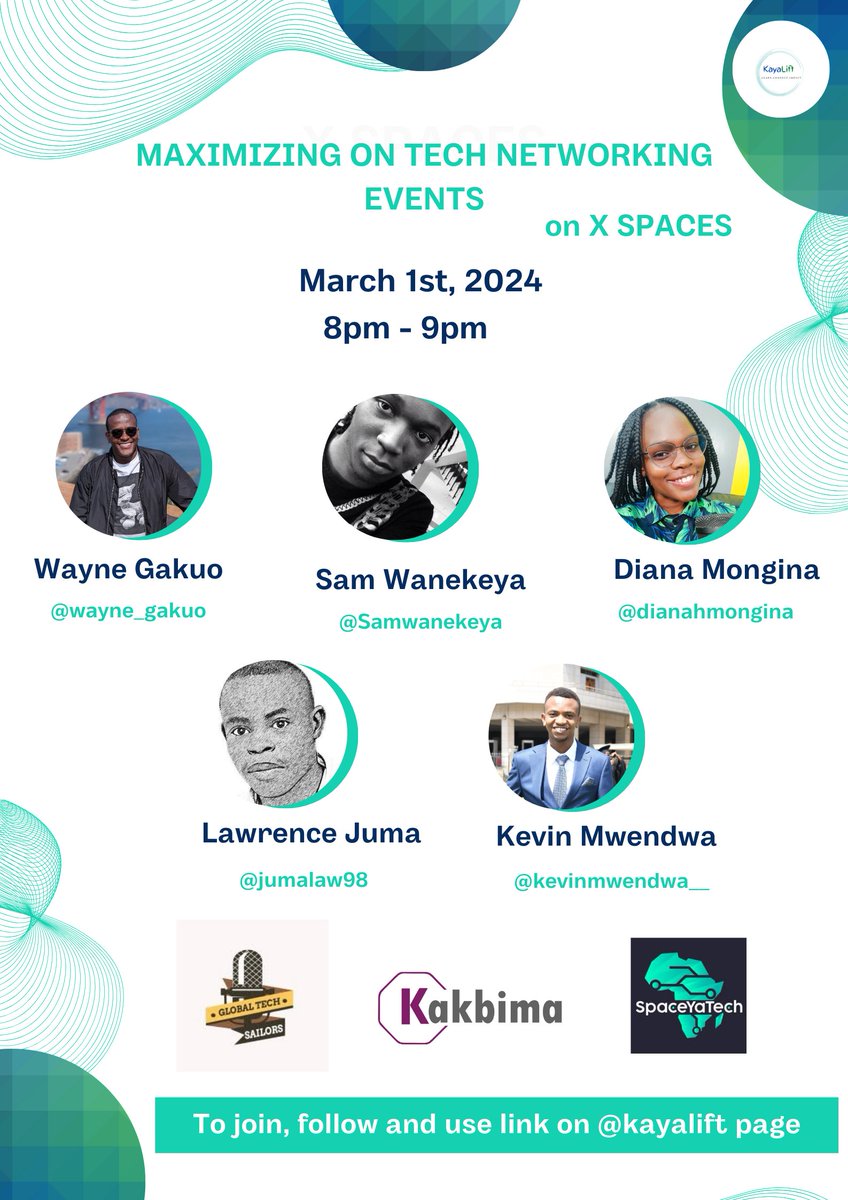 kayalift's tweet photo. Join in on the exciting X Spaces discussion tomorrow at 8pm as our amazing speakers share insights on "Maximizing on Tech networking events" https://t.co/bIDXoYkYLX
@wayne_gakuo @DianahMongina @Samwanekeya @Kelvinmwendwa__ @jumalaw98 #kayaliftevents #techcareer #XSpaces https://t.co/2jLxZruTTZ