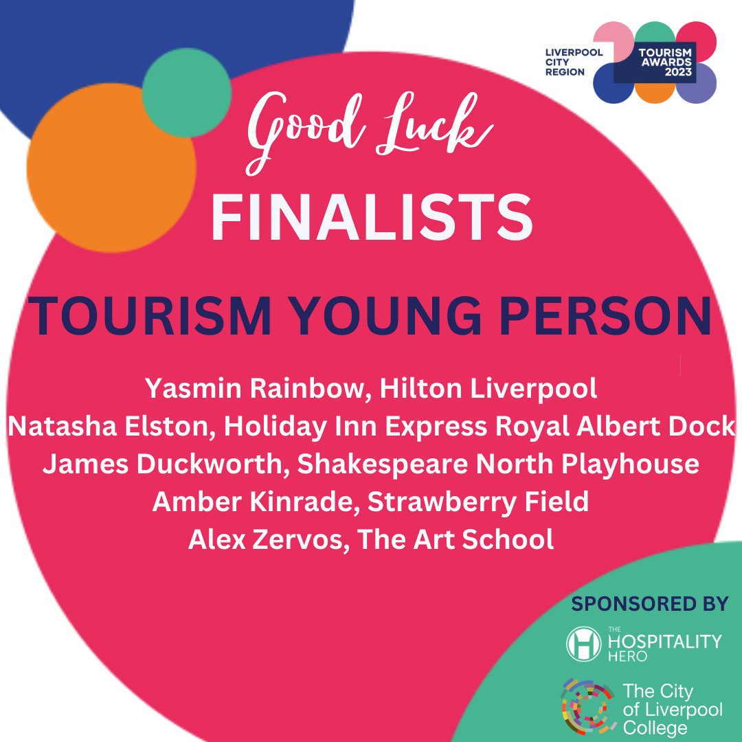 Good luck to the finalists in the Young Tourism Person of the year category sponsored by @COLcollege & @stevenhesketh at tonight's @GrowthPlatform_ Liverpool City Region Tourism Awards sponsored by @LpoolBIDcompany #LCRTA23