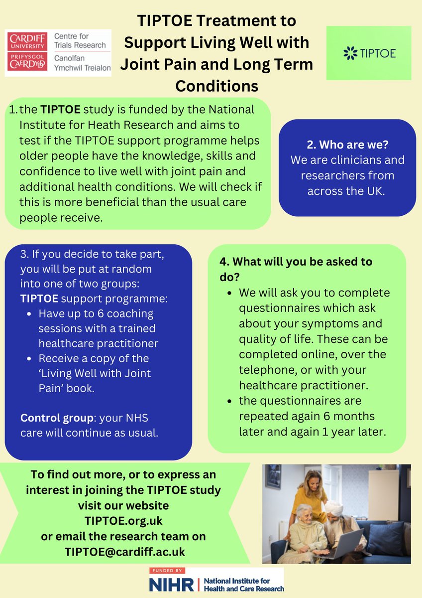 Are you aged 70 or over and living with knee and/or hip joint pain and other health condition(s)? The TIPTOE trial aims to find out if a support programme can help improve osteoarthritis symptoms and quality of life To find out more or to register: tiptoe.org.uk