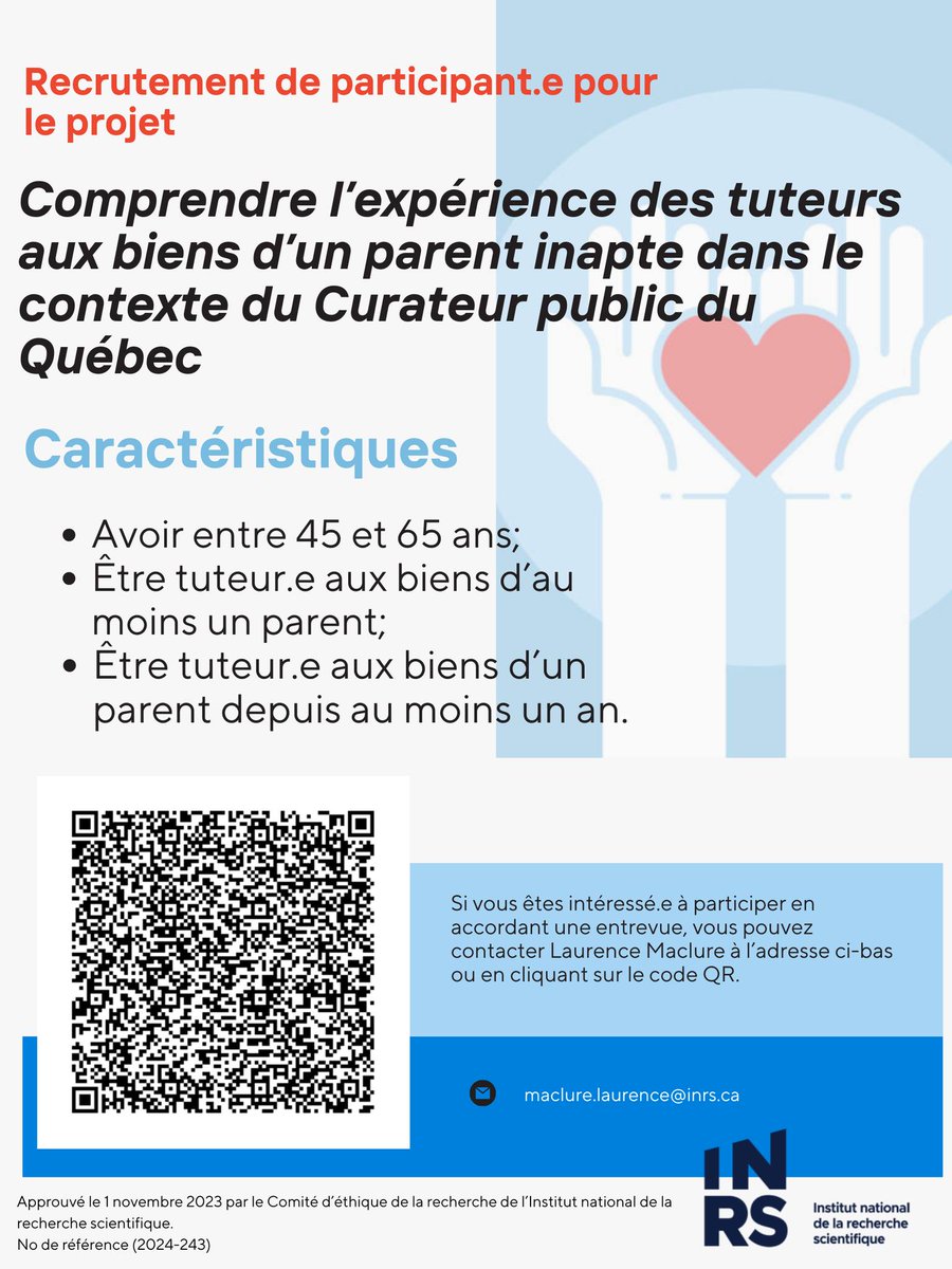 Vous êtes tuteur.e aux biens d'un parent ou vous connaissez quelqu'un qui l'est? Participez au projet de mémoire d'une de nos membre étudiante, Laurence Maclure, sur les réalités familiales lors de tutelle aux biens!

Pour plus de détail balayer le code QR de l'affiche