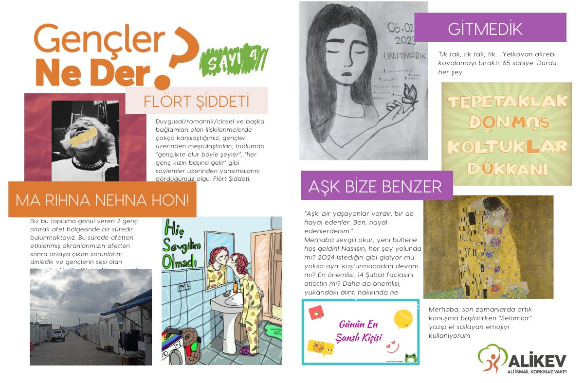 "Gençler Ne Der?" bülteninin 4. sayısı yayında! 

💚Sevgiye ve flört şiddetine dair yazılar ve etkileyici çizimler... 
🎭Normların dışında olma hallerini konu alan bir radyo tiyatrosu!
💔Ayrıca, depremin yıldönümü bu sayıda da unutulmadı.

alikev.org/gencler-ne-der…